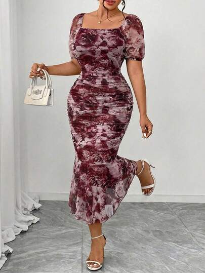 Vestido de mujer talla grande con estampado floral rojo vino, de tela de punto fruncida en el busto y cintura ceñida, adecuado para eventos de noche, vacaciones, casual, fiestas solteras, meriendas en verano