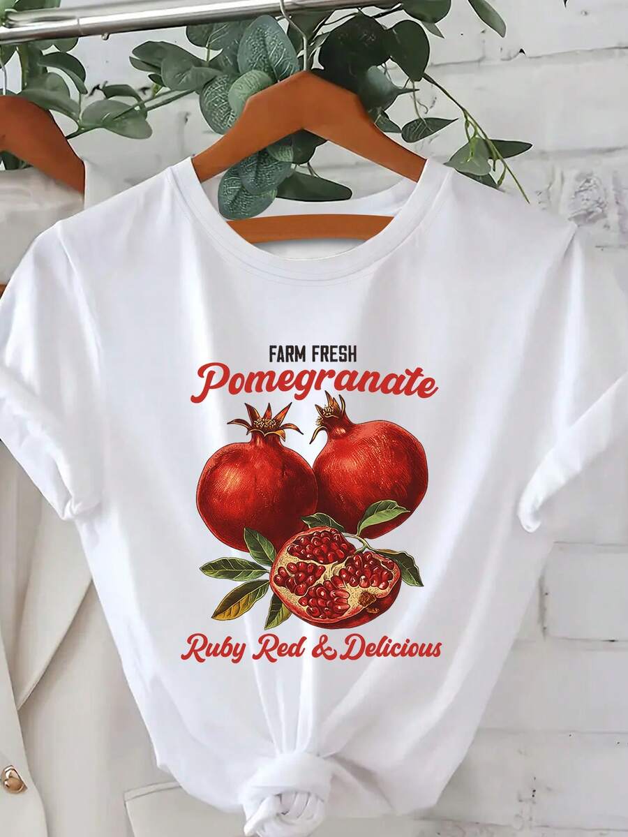 Camiseta Deportiva Casual de Moda para Mujer con Estampado de Granada Roja Fresca, Manga Corta, Cuello Redondo, para Otoño y Verano - Estilo Urbano Vintage, Unisex, de Algodón, Corte Holgado, Camiseta de Manga Corta con Cuello Redondo, blusas para mujer. blusas.blusas casuales para dama. - Blanco - Ver 1