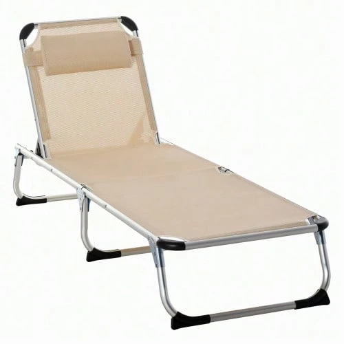 Aluminium Garden Chaise Longue, Adjustable In 4 Directions, Foldable, Ergonomic, In Beige Mesh Fabric, 170 X 60 X 76 Cm, For Garden And Terrace. - 米色 - 查看 1