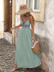 YHHBrillora Vestido largo de vacaciones con estampado geométrico jacquard sin espalda para mujerYHH - Verde - Ver 1