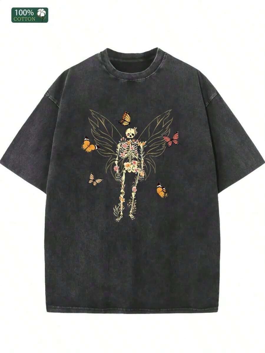 1 pcs1PC Men's Gothic Fairycore T-Shirt - Skeleton Fairy & Butterfly Graphic Print, Soft Breathable Washed Cotton Tee, Relaxed Fit Crew Neck Short Sleeve Shirt For Grunge Style, Casual Casual Attire Summer Tops Summer Clothes Shirts Summer Graphic Tees Women T Shirts Summer Outfits For Women Vacation Outfits Women Tropicoqueta Outfits Tropical Outfits For Women Tops Women Tropical Outfits For Women Tops T Shirts Women Summer Top Graphic Tees Women 4th Of July Outfit Women180g Algodón 100% - Negro - Ver 1