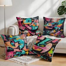 Set de 4 fundas de cojín con estampado abstracto de graffiti, impresas por un solo lado, adecuadas para la sala de estar, el dormitorio, la decoración del hogar, todo el año - Multicolor - Ver 9