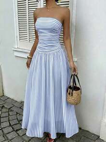 High-Waisted Polka Dot Print Dress, Vacation Style - Wander Blue - View 3