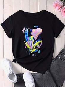 Camiseta de manga corta con estampado de graffiti de amor colorido para mujer, top casual de manga corta, camiseta gráfica de moda, ropa de verano, atuendo de estilo urbano, informal. - Negro - Ver 2