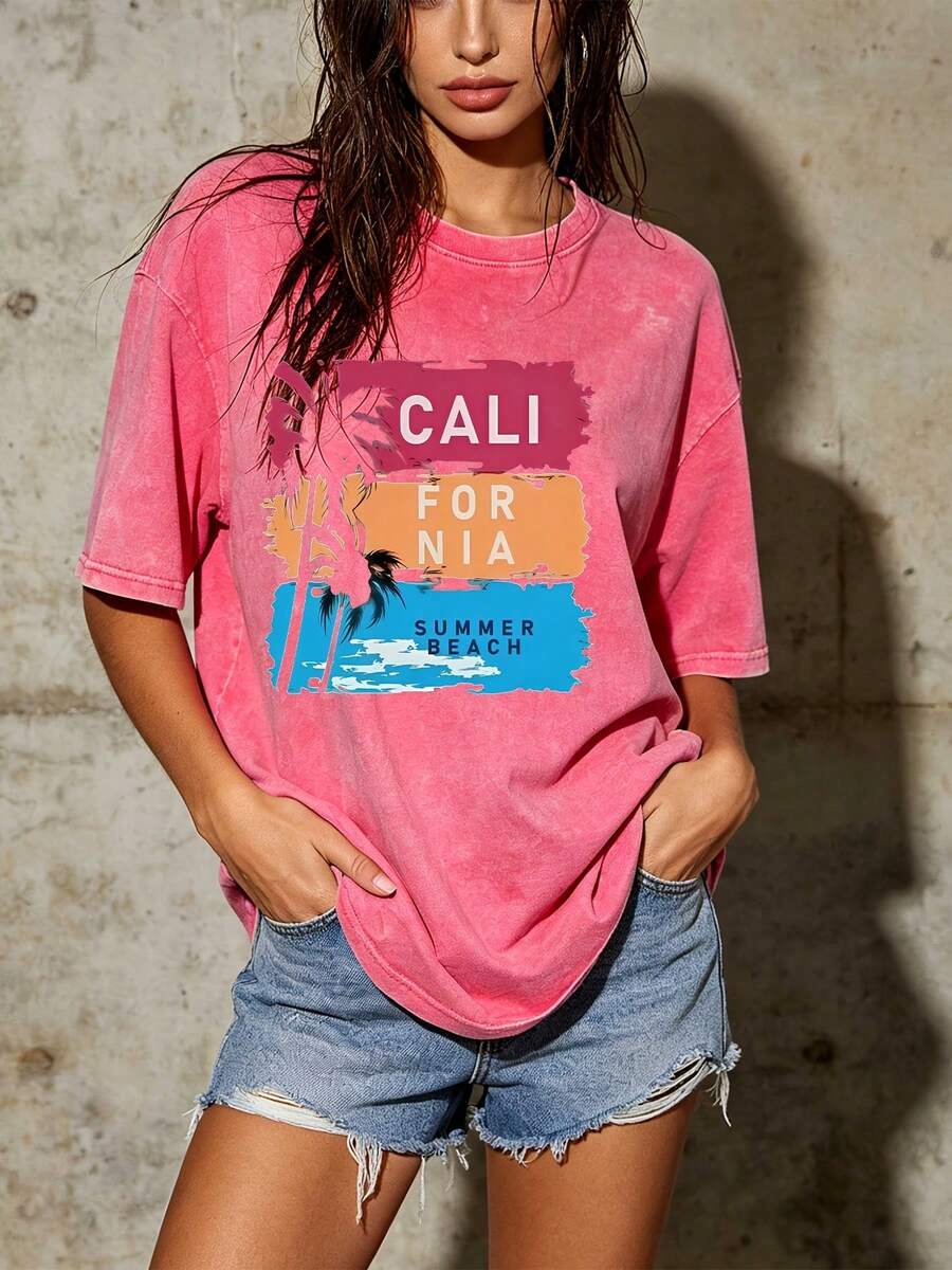 Camiseta de Verano para Mujer Estilo Playa de California 180g - Perfecta para vacaciones en familia, picnics de empresa y celebraciones del Día de la Independencia del 4 de julio - Ropa de playa de verano cómoda y elegante. VAQN - rosa - Ver 1