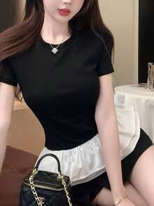 レディース トップス 半袖 Tシャツ カットソー 裾フリル ペプラム 重ね着風 レイヤード 配色 バイカラー 体型カバー お腹周りカバー 着痩せ 華奢見え 大人可愛い フェミニン 韓国ファッション きれいめ カジュアル ガーリー モノトーン デート 女子会 通勤 オフィスカジュアル ワンマイルウェア 20代 30代 40代 クルーネック 春 夏 柔らかい 通気性 デザイントップス 細見え 脚長効果 - ブラック - チェックする 6