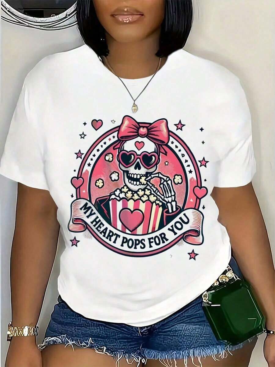 Camiseta GraphicCute Skull Popcorn T-Shirt My Heart Pops For You - Regalo Romántico de San Valentín para Mujeres, Divertido Diseño de Esqueleto de Dibujos Animados con Lazo Rosa y Corazones, Perfecta para una Cita Nocturna, Fiesta o Uso Casual. - Blanco - Ver 1