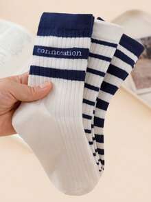 1/3/5/10 Pairs Random Women's Solid Color Comfortable Breathable Ins Striped & Letter Design Mid-Calf Socks - Blue and White - View 4