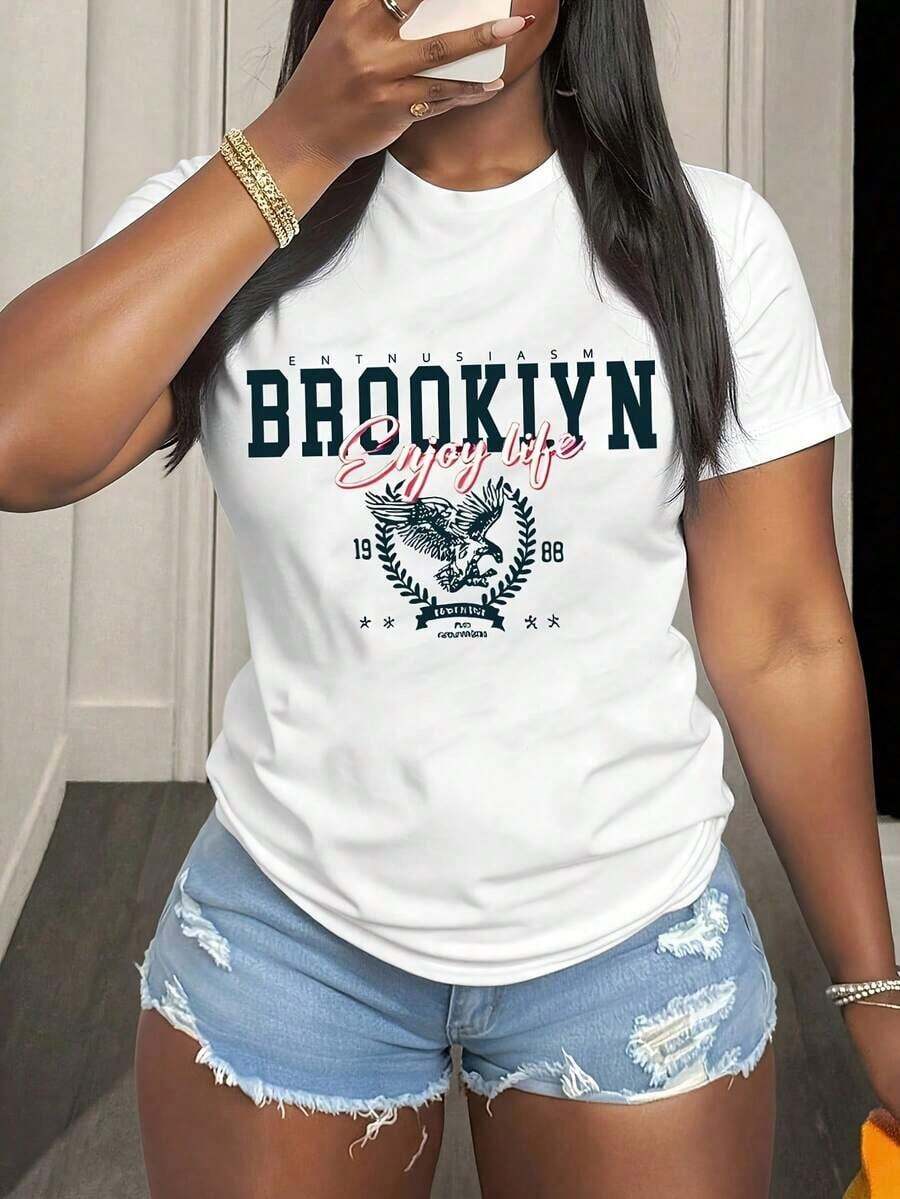 Camisetas de mujer: Camiseta de manga corta con cuello redondo y estampado personalizado de Brooklyn - Estilo vintage urbano, unisex, holgada, de algodón, de manga corta y cuello redondo, estilo veraniego. Conjuntos de mujer. - Blanco - Ver 1