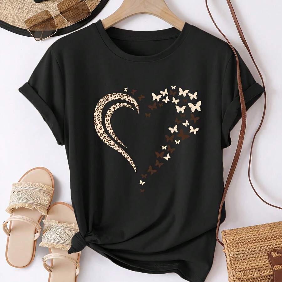 Short-Sleeved T-Shirt With Heart And Butterfly Prints, Women's Round Neck Sports Top For Spring And Summer, Basic Women's Shirt, Women's Clothing - 黑色 - 查看 1