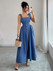 Nuevo vestido midi tejido bicolor con textura y tirantes anudados, elegante y versátil para uso en la oficinaXhen - Azul - Ver 7