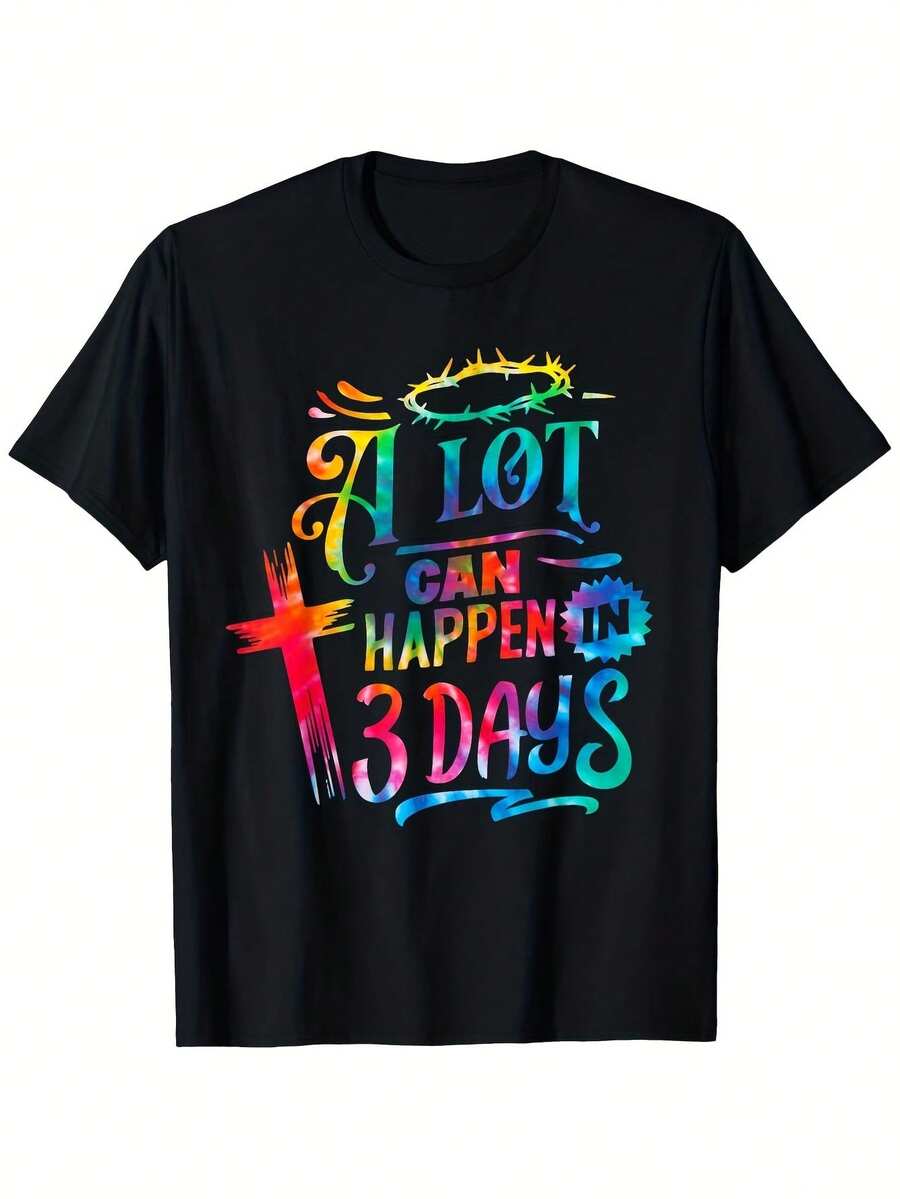 Christian Easter Tie Dye T-Shirt "A Lot Can Happen In 3 Days", Suitable For Men And Women, Outdoor T-Shirt, 100% Cotton - 黑色 - 查看 1