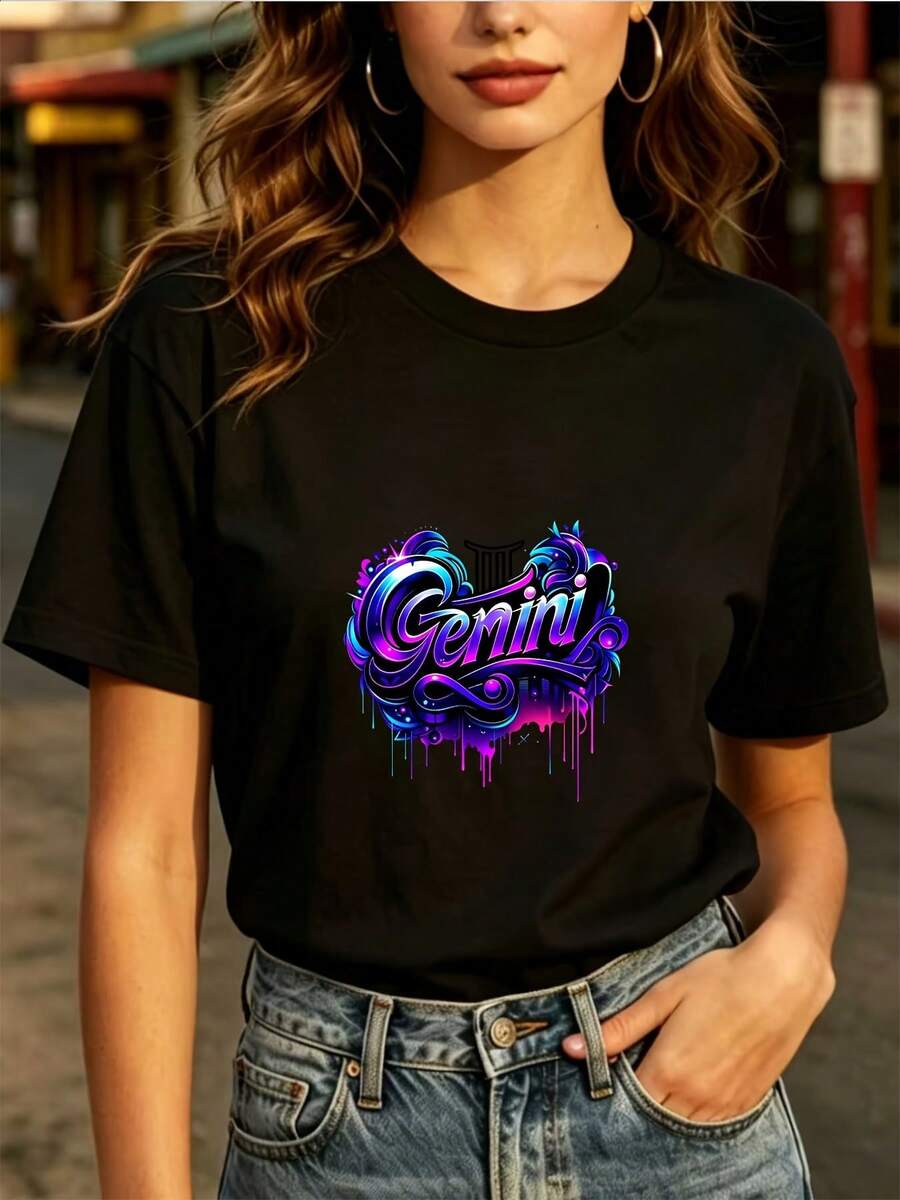 Camiseta casual de manga corta con diseño creativo de Géminis, suave y de 180 g, adecuada para familiares y amigos - un regalo para cumpleaños y actividades de team-building. - Negro - Ver 1