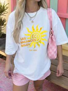 Women's Les Vacances Soleil 1992 Sunshine Pattern Casual Loose Round Neck White Short Sleeve T-Shirt, Beach Holiday Top SummerBreathable and comforte - Blanco - Ver 6