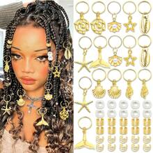 46pcs Set Aksesori Rambut Boho Emas, Bintang Laut, Kerang, Cincin Rambut, Aksesoris Rambut Dreadlock, Kepang, Liontin, Perhiasan Rambut Hippie Y2K untuk Wanita, Jepit Rambut, Jepit Cakar - MultiWarna - View 1
