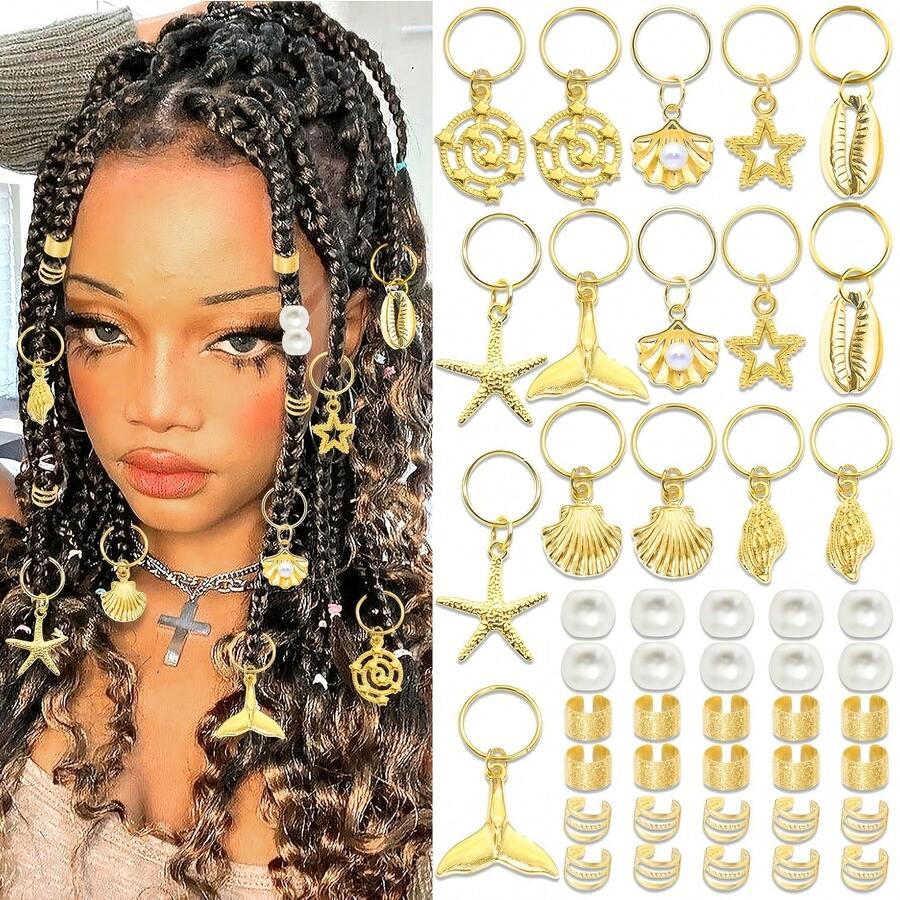 46pcs Set Aksesori Rambut Boho Emas, Bintang Laut, Kerang, Cincin Rambut, Aksesoris Rambut Dreadlock, Kepang, Liontin, Perhiasan Rambut Hippie Y2K untuk Wanita, Jepit Rambut, Jepit Cakar - MultiWarna - View 1