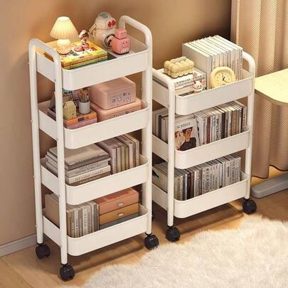 1 chiếc kệ lưu trữ đa năng có bánh xe, có khe hở di động, dùng để đựng đồ ăn nhẹ, sách vở, thích hợp cho phòng khách, nhà bếp, phòng ngủ, phòng tắm và các không gian sử dụng khác trong nhà.
