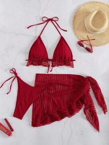 Conjunto de bikini de 3 piezas con tapa de falda, estilo de vacaciones en la playa, para mujer, con bikini halter sin espalda y encaje sexy - Rojo - Ver 5