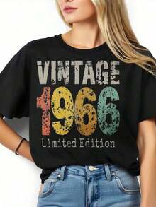 NewSummerCasualVintage 1966 Limited Edition Birthday Gift For Women And Men Classic Retro Style Unisex T-Shirt Casual Wear For Anniversary Celebration - Vintage Urban Style Unisex Cotton Loose Short Sleeve Crew Neck T-Shirt - 黑色 - 查看 2
