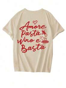 New Minimalist Summer T-Shirt, Printed With Italian Lettering About Wine And Pasta, Round Neck, Short Sleeves, Casual And Versatile. Women's Top, White - 裸體2 - 查看 3
