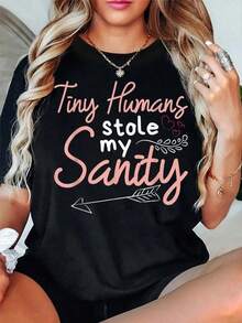 Women's Cotton T-Shirt, 100% Cotton, With "Childcare Worker" Text, "Nursery Teacher - My Sanity," Crew Neck, Short Sleeve, Casual, Summer, Graphic Tees. Women's Blouses/Shirts - 黑色 - 查看 8