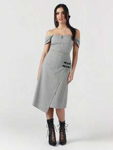 OverBlushhh Falda midi asimétrica con detalle de hebilla - Gris - Ver 3