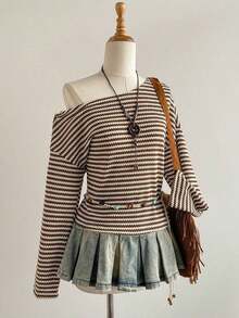 Top de manga larga asimétrico de hombro suelto con rayas de jacquard de punto de colores, moda casual y cómoda para uso diario, otoño/invierno - Café integral - Ver 1