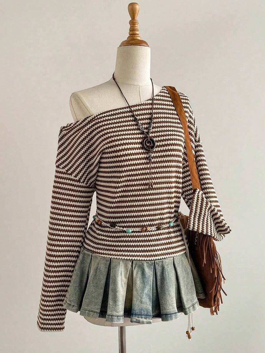 Top de manga larga asimétrico de hombro suelto con rayas de jacquard de punto de colores, moda casual y cómoda para uso diario, otoño/invierno - Café integral - Ver 1