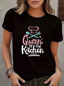 Soft 100% Cotton T-Shirt. Women's Casual Printed T-Shirt, Breathable, Crew Neck, Short Sleeves, Semi-Sheer, Comfortable, Loose-Fitting Summer Top. Breathable Cotton T-Shirt, Goes With Everything. - 黑色 - 查看 6