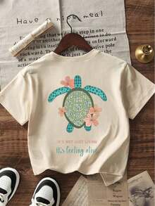 Camiseta de mujer de manga corta, de ajuste holgado, con cuello redondo y estampado de eslogan, nueva para el verano. Prenda de vestir casual y de moda, adecuada para uso diario y vacaciones.,Playera Gráfica Oversized Mujer Verano Casual - Albaricoque - Ver 4