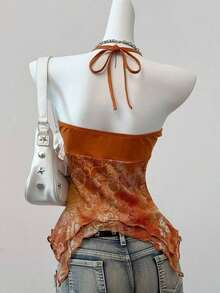 Blusa casual de mujer con cuello de corbata y estampado de anacardo, versátil para uso diario - Naranja - Ver 2