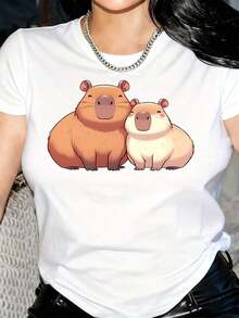 New Arrivals For Summer. Women's Capybara Print T-Shirt - Pastel Purple, Soft Crew Neck, Short Sleeve, Cartoon Capybara Design, Casual And Themed Clothing For All Seasons, Ideal For Cosplay, Casual Wear - Machine Washable, Gift For Animal Lovers. Blouse, Shirt > Beautiful. - 白色 - 查看 10