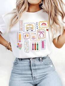 Camiseta de mujer 100% algodón con estampado colorido, diseño artístico divertido y moderno, estilo casual, cuello redondo, suave, transpirable y perfecta para uso diario o de verano. - Blanco - Ver 1