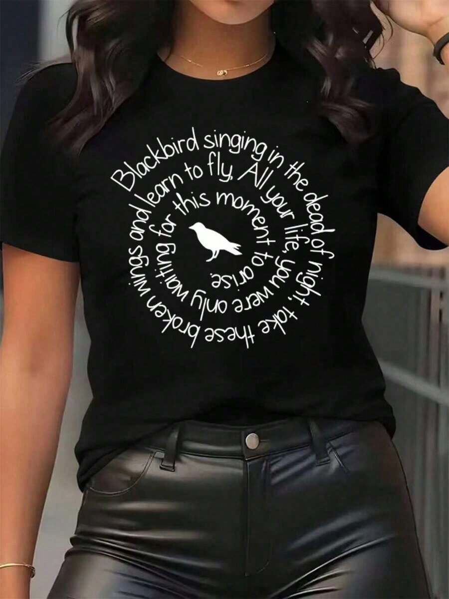New Arrivals For Summer. Women's T-Shirt With The Phrase "Blackbird Singing In The Dead Of Night", Round Neck, Casual Everyday Wear, Soft And Comfortable, Festival Blouse, Shirt > Beautiful. - 黑色 - 查看 1
