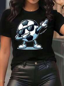 New Arrivals For Summer. Women's T-Shirt With Cartoon Football Print And "Dabbing" Style, Round Neck, Casual Everyday Wear, Soft And Comfortable, Perfect For Vacations. - 黑色 - 查看 7