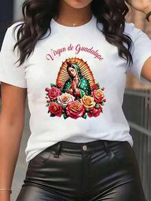 Nuevas llegadas para el verano. Camiseta de mujer con estampado religioso de la Virgen de Guadalupe, con diseño de rosas y halo, cuello redondo, uso diario casual, tela suave y cómoda, blusa para festivales, camisa > Hermosa. - Blanco - Ver 7