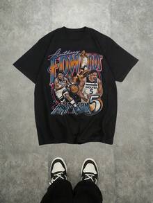 Ball - Men's Cotton T-Shirt, Anthony Edwards Cover Graphic Print Tees, Perfect For Fans To Showcase Team Pride And Nostalgic Basketball - 黑色 - 查看 1