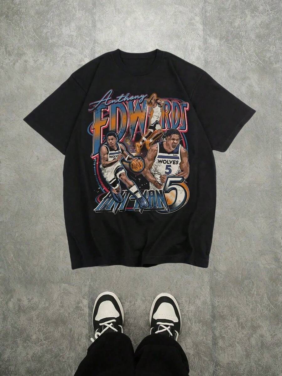 Ball - Men's Cotton T-Shirt, Anthony Edwards Cover Graphic Print Tees, Perfect For Fans To Showcase Team Pride And Nostalgic Basketball - 黑色 - 查看 1