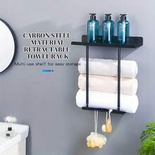 1pc Carbon Steel Retractable Towel Rack, Durable Wall-Mounted Bathroom Kitchen Towel Rack, Adjustable Length, Rust-Proof Metal Towel Rod, Suitable For Home Hotel Apartment, Space-Sav Accessories, Foldable Towel Rack With Multiple Hooks - Multicolor - View 2