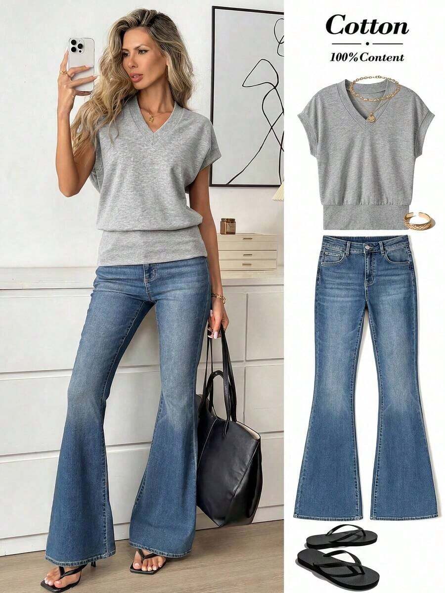Camiseta casual de mujer de unicolor con cuello en V, mangas cortas tipo murciélago, para usar con vaqueros - Gris - Ver 1