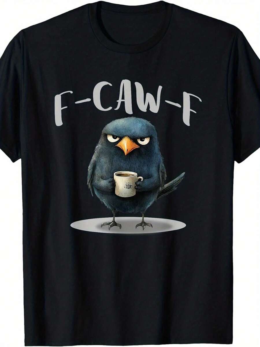 'Funny Crow Coffee F-Kaw-F' Slogan T-Shirt - 100% Retro Loose Fit Short Sleeve T-Shirt With 'Caw-F' Pun And Crow Graphic, Casual Humor Gift For Bird Lovers, For All Seasons. - 黑色 - 查看 1