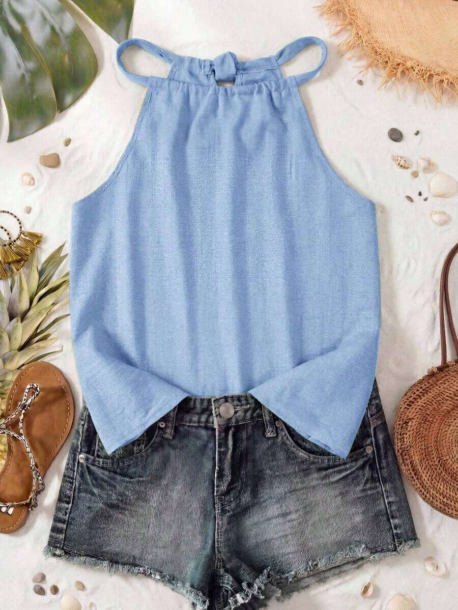 Camiseta de tirantes con cuello halter con estampado floral pequeño, adecuada para primavera y verano - Azul - Ver 1
