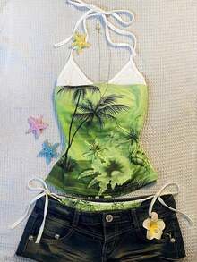 Top halter con estampado de frutas, diseño sin espalda, estilo casual de vacaciones, chaleco de 2 en 1 con bloques de color, adecuado para fiestas, citas, playas, carnavales y otras ocasiones, la elección perfecta para el verano.Top de playa, ro - Multicolor 5 - Ver 1