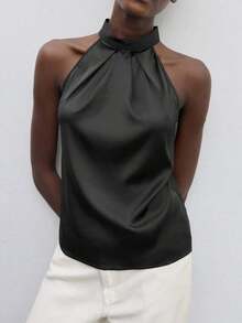 Blusa holgada de unicolor de estilo minimalista, elegante y urbano para uso diario, con estilo romántico retro de los 90, adecuada para Navidad, Año Nuevo, San Valentín, fiestas, playa, graduación, moda, carnaval, vacaciones, invitados de boda, br - Negro - Ver 1