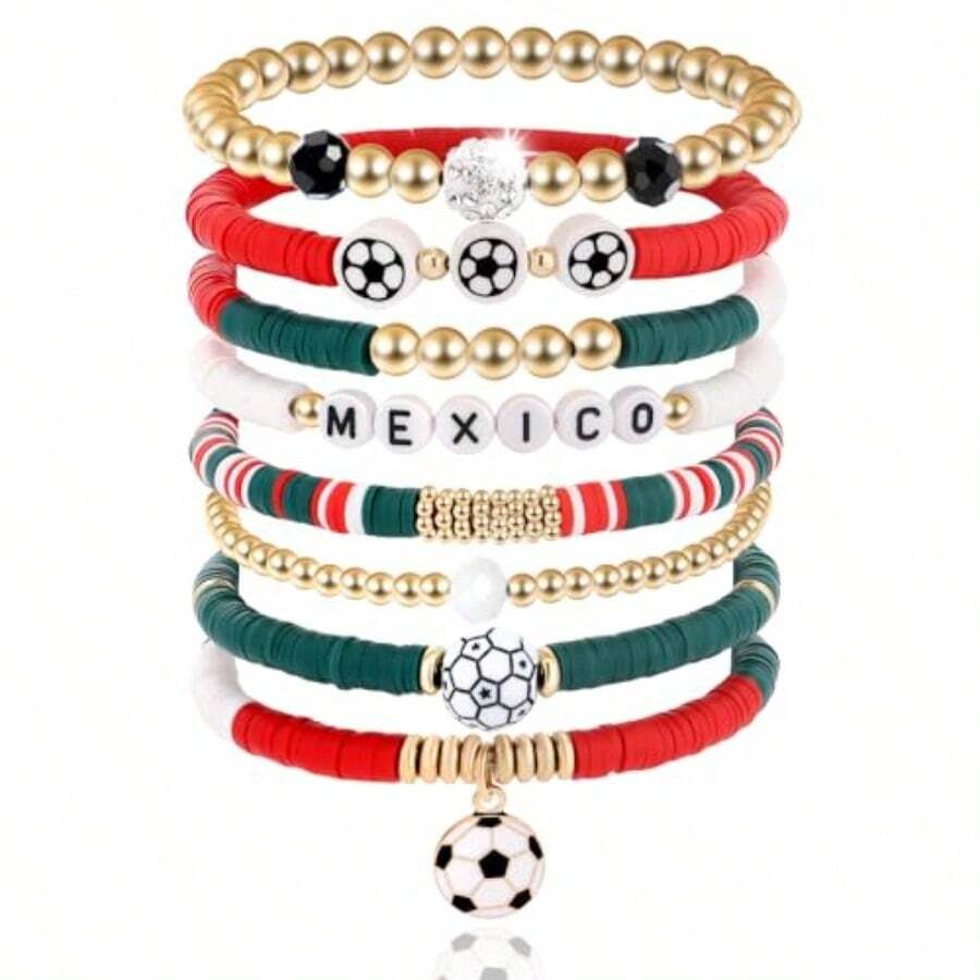 YQQWorld Cup Bracelets For Women Stackable Elastic Sports Fan Accessories For Stadium Outfits Mexico Soccer Team Colored Bead Bracelets Gifts2508 - 如圖所示 - 查看 1