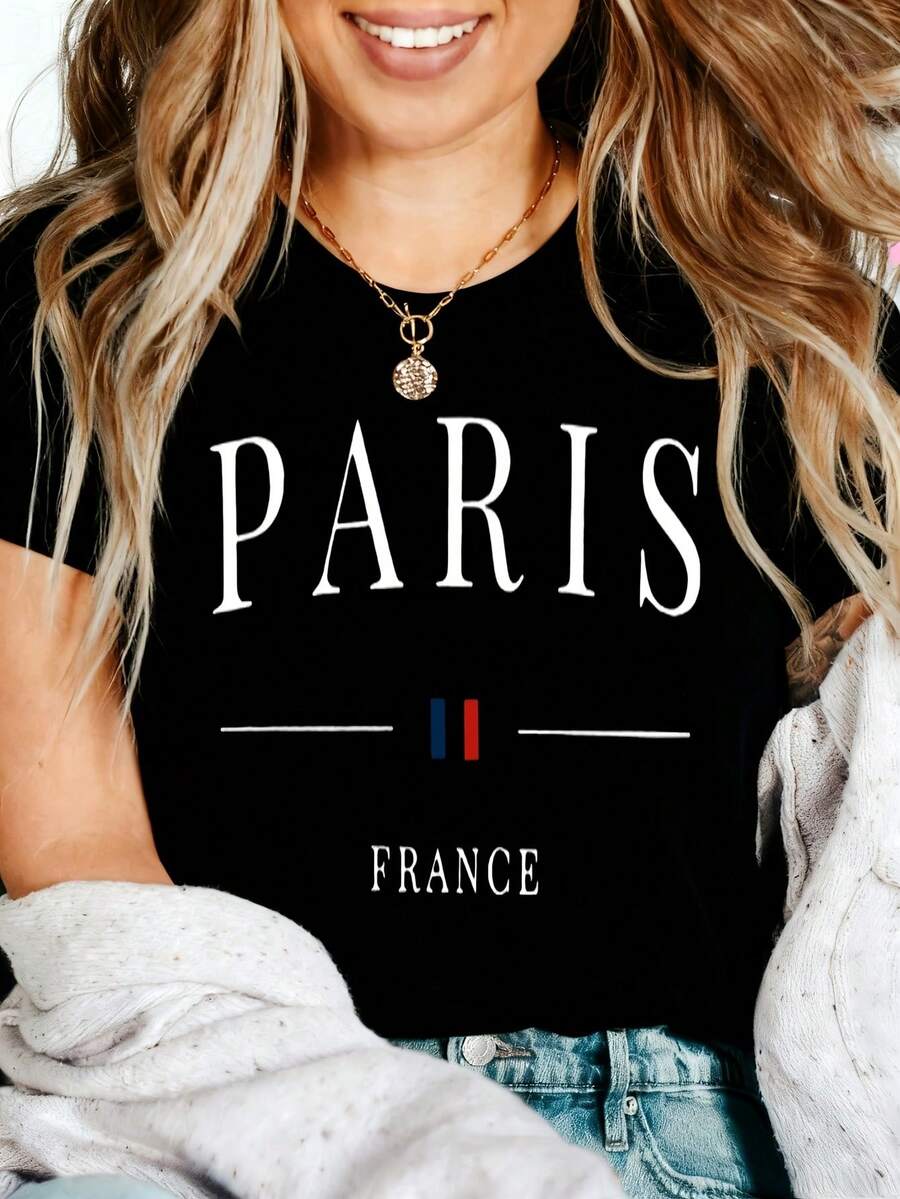 Paris France Graphic T-Shirt, 100% Cotton Oversized Soft Breathable Casual Crewneck Short Sleeve Top, Romantic Vintage Summer Vibes Tee For Women & Travel Lovers - 黑色 - 查看 1