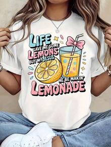Gift: 1 Women's White T-Shirt With Lemon Juice Print, Round Neck, Casual Cotton T-Shirt, Medium Elasticity Knit Fabric, Regular Fit For Ladies, For Spring/Summer/Autumn, Soft. - 白色 - 查看 6