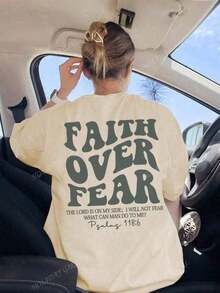 "Faith Over Fear" Double Print T-Shirt - Short-Sleeve Crew Neck Pure Cotton T-Shirt,  Holiday Style, A Daily Essential. Holiday Outfits, Simple Retro Street Style Top. Everyday Campus Wear For Men And Women - Comfortable Loose Fit Cotton Vintage Street Style T-Shirt - 杏 - 查看 6