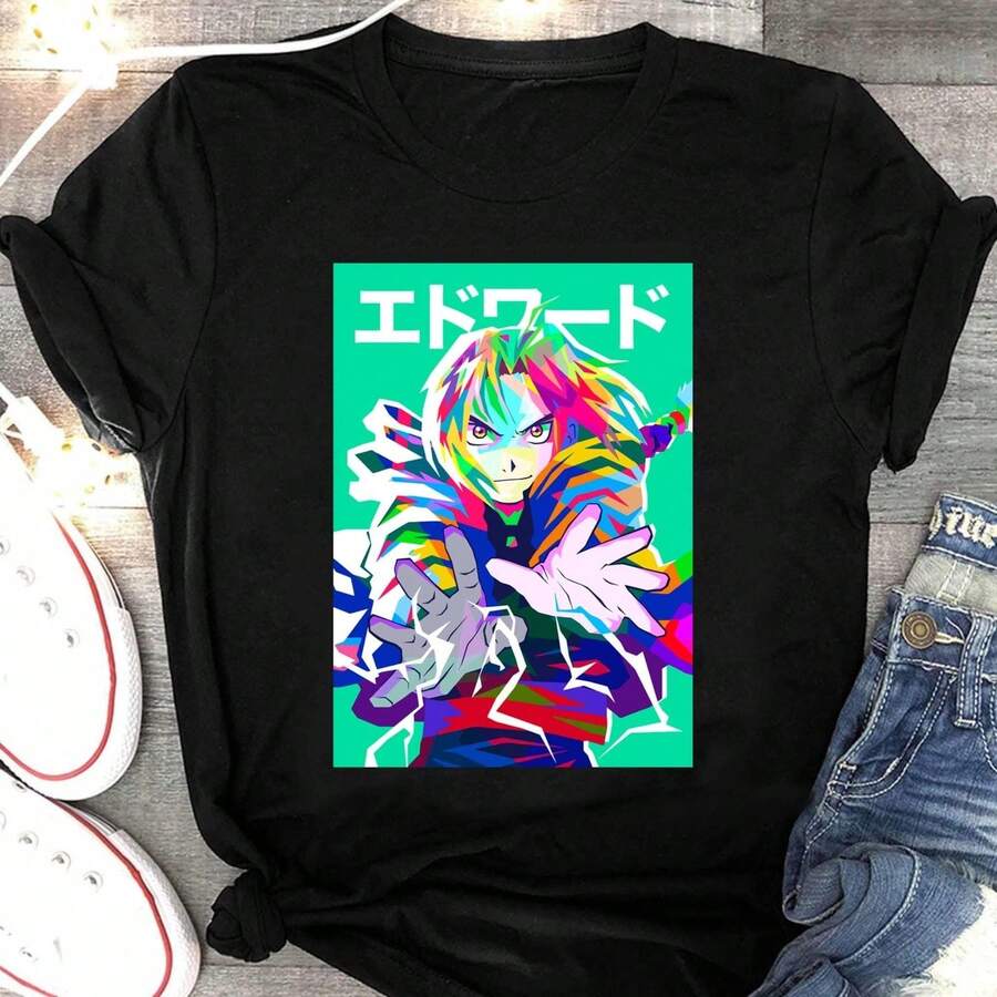 Camiseta de Fullmetal Alchemist, camiseta de anime de Edward Elric, camiseta de manga FMA, Hermandad Alquímica, j1apanese FMAB, camiseta de anime de Alphonse Elric T1EE 220G, camiseta casual unisex de algodón grueso, textura suave y tacto agradable, cómoda y respetuosa con la piel. El estilo clásico y sencillo nunca pasa de moda, ideal para ir al trabajo, practicar deporte, viajar, ir de vacaciones y cualquier ocasión informal. - Negro - Ver 1