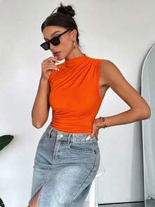 Body sin mangas para mujer con cuello alto y pliegues casuales de verano - Naranja - Ver 4